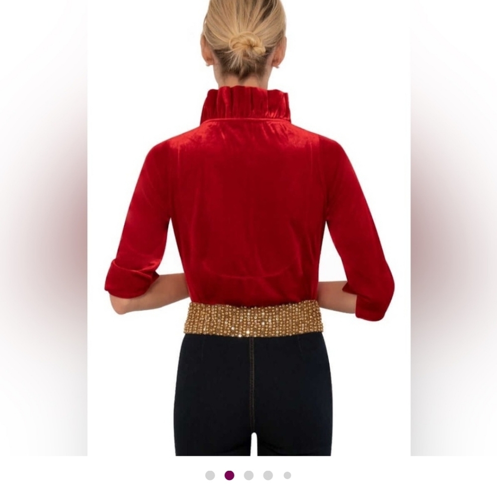 Gretchen Scott Red Crimson Ruffle Neck 3/4 Sleeves Top - Silky Velvet Size XL - Picture 6 of 7